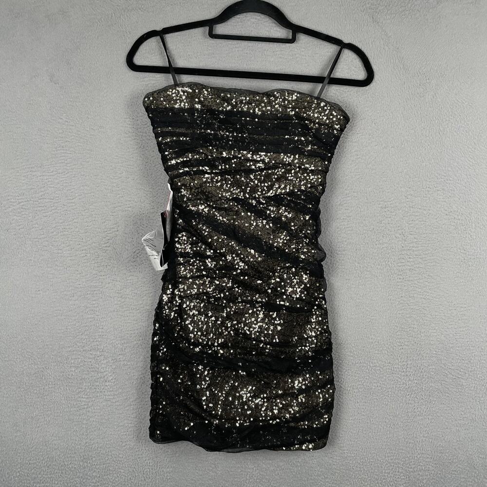 Bebe Uptown Dress Womens Medium Black Sequin Strapless Bodycon Cocktail Mini